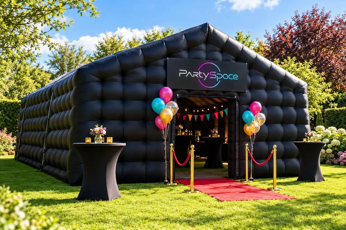 PartySpace-teltet i haven med balloner og rød løber