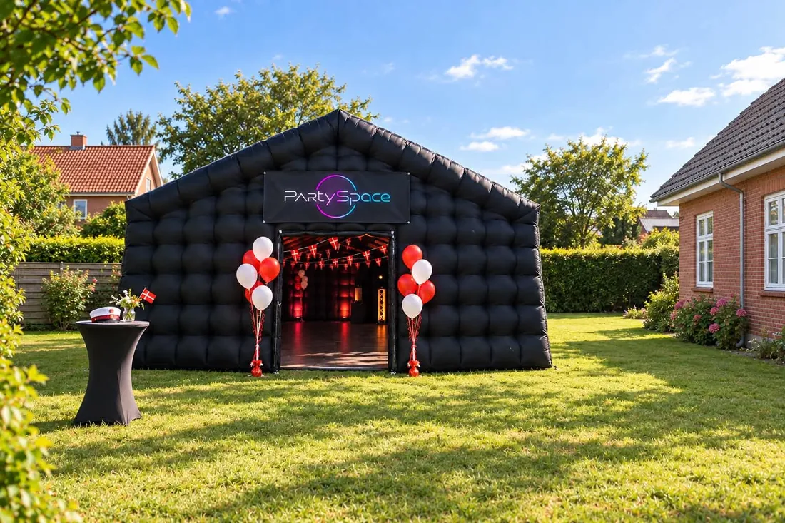 PartySpace-teltet i haven med studenterhue og dannebrog